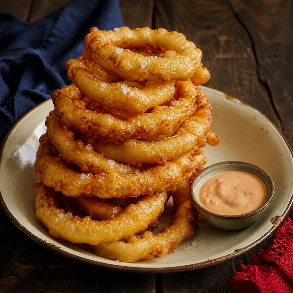 Beer-batter rings, stacked high