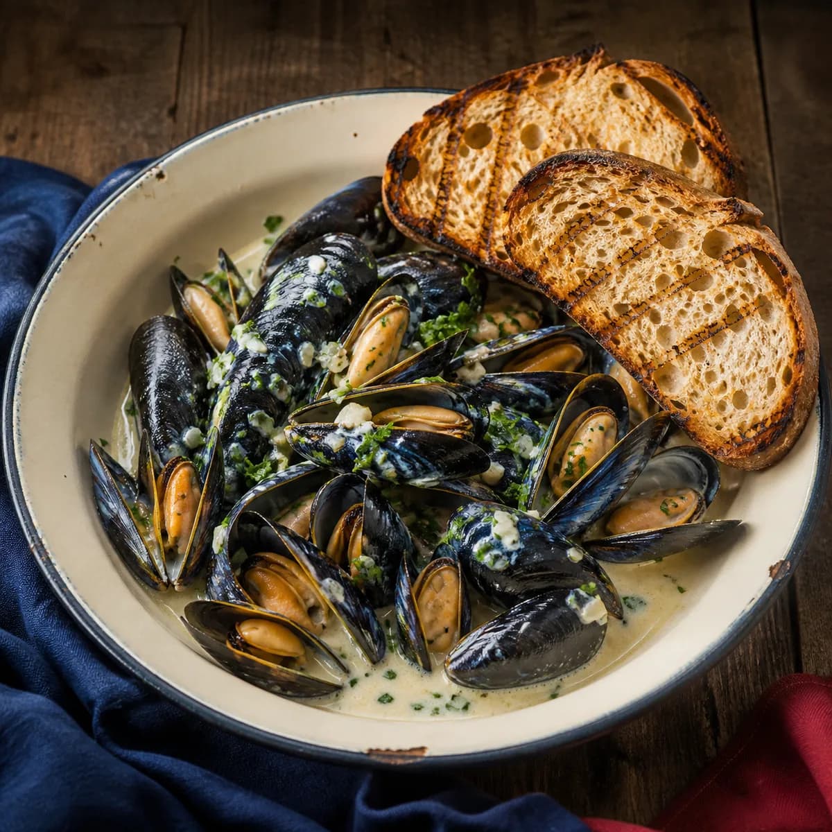 Mussels and sourdough for mopping